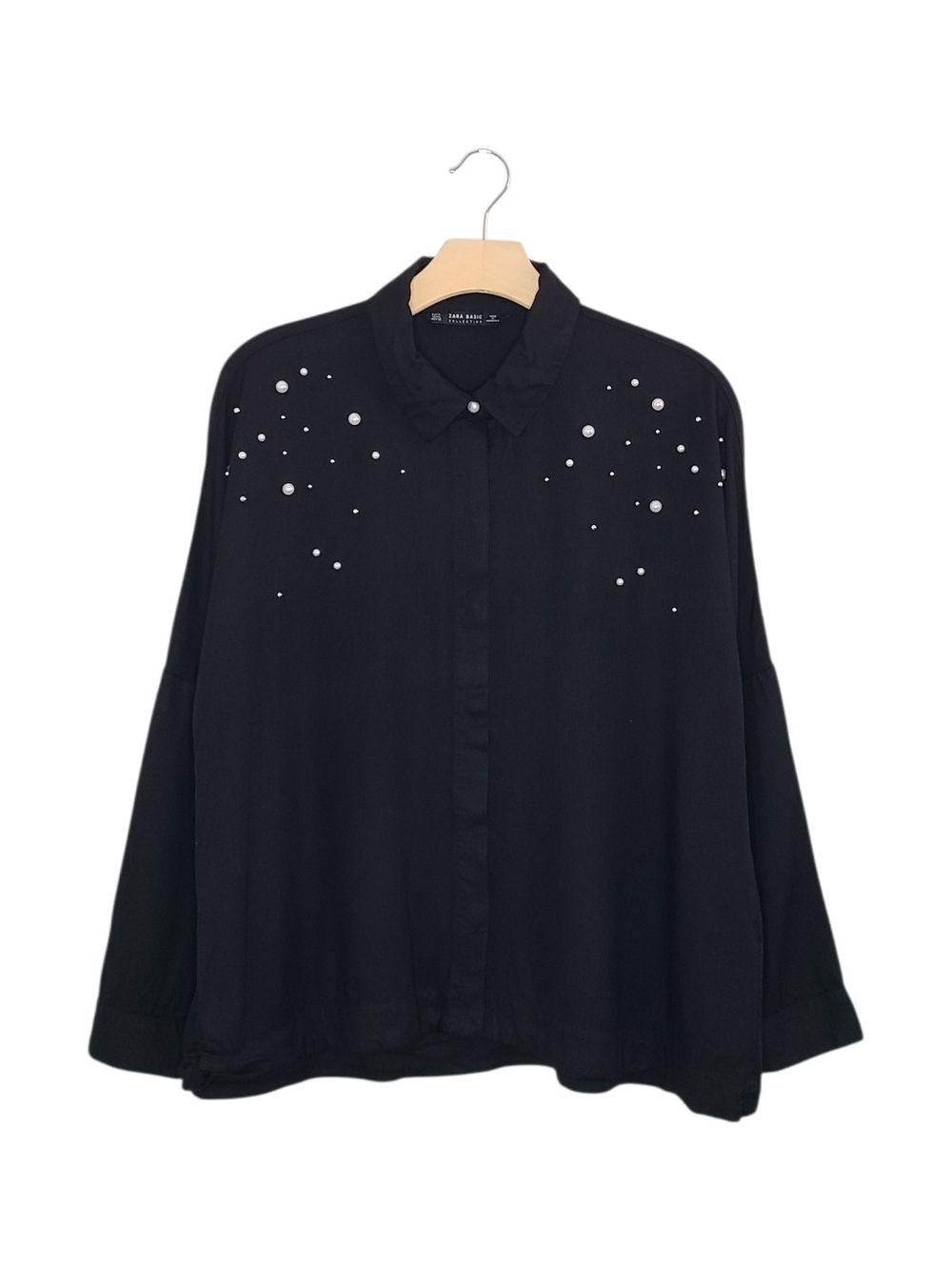 Zara Black Button-Up Oversized Long Sleeve Shirt with Pearl Stud Details